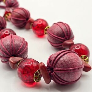 Red Beaded Statement Necklace Corded‎ Gold Tone Spacers Boho Artsy